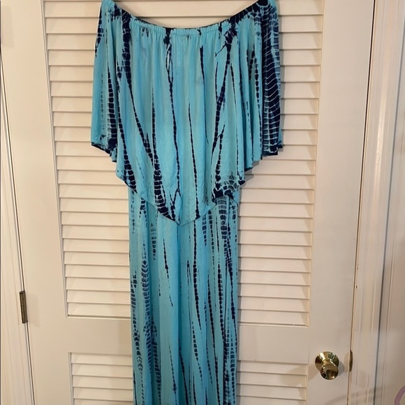 Soft Surroundings Blue Tie-Dye Elastic Off Shoulder Peak Overlap Maxi Dress - Picture 8 of 11